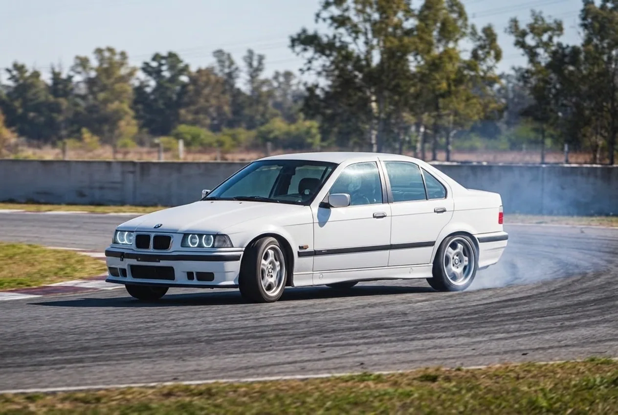 BMW E36 iniciando el derrape al entrar a una curva, primeras volutas de humo en la pista