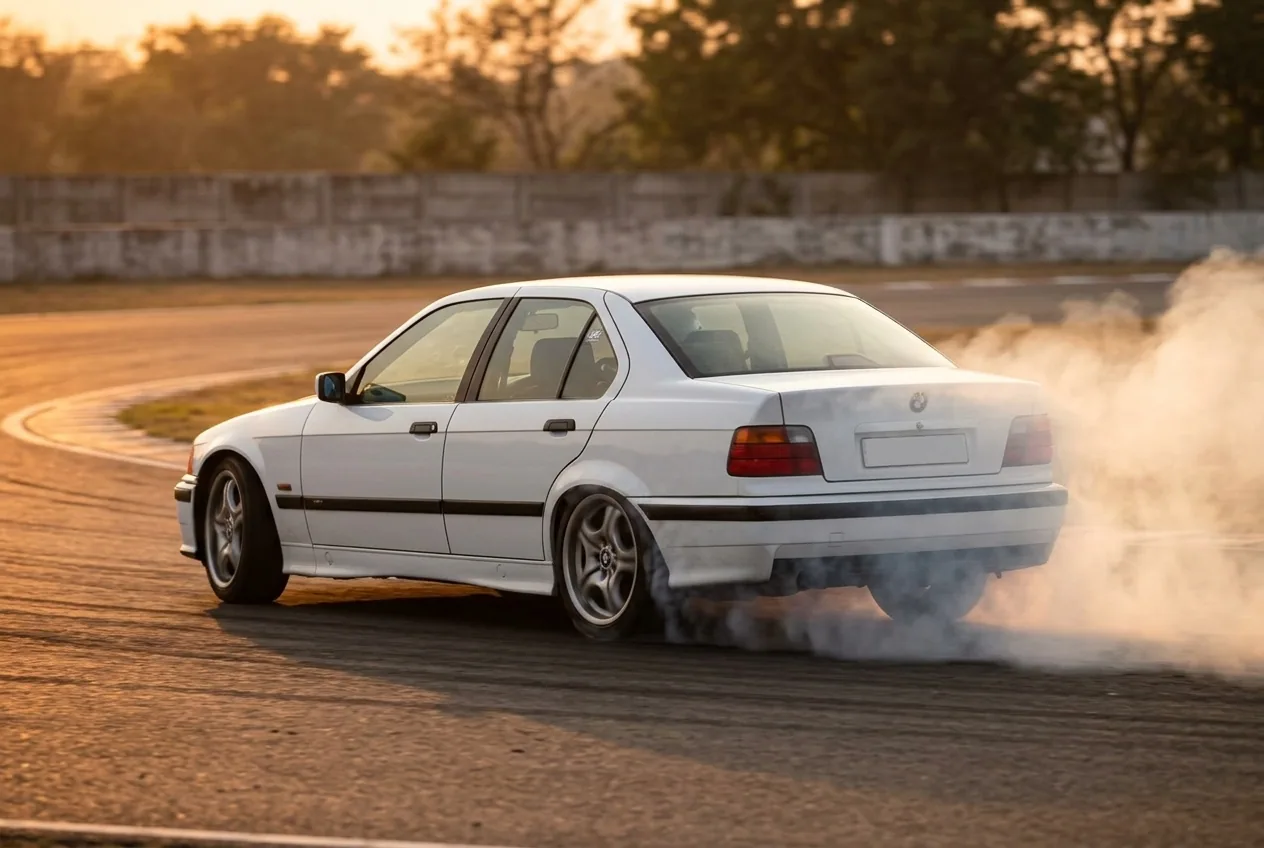 BMW E36 en sobreviraje con acelerador saliendo de una curva, gomas traseras humeando