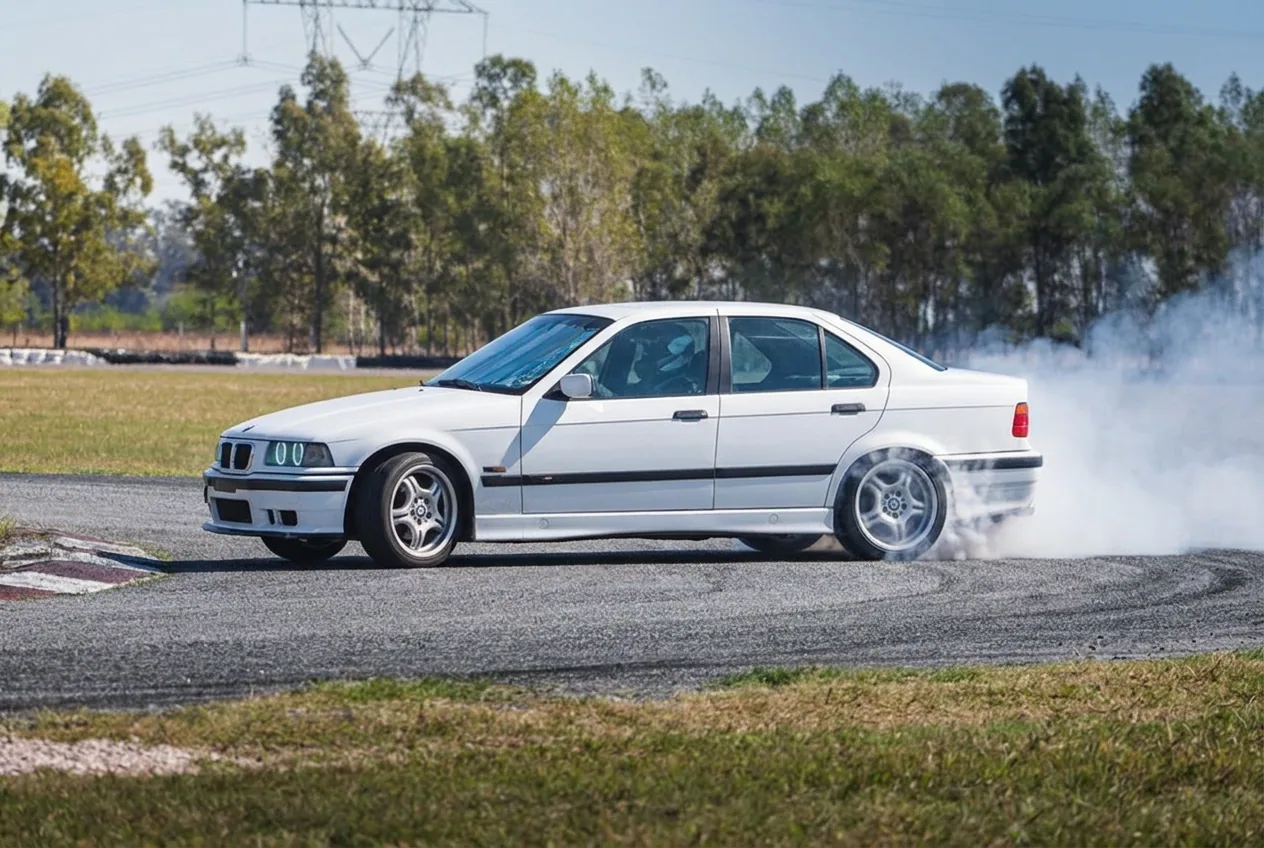 BMW E36 blanco quebrando el tren trasero de costado al iniciar el derrape con freno de mano, vista lateral con humo