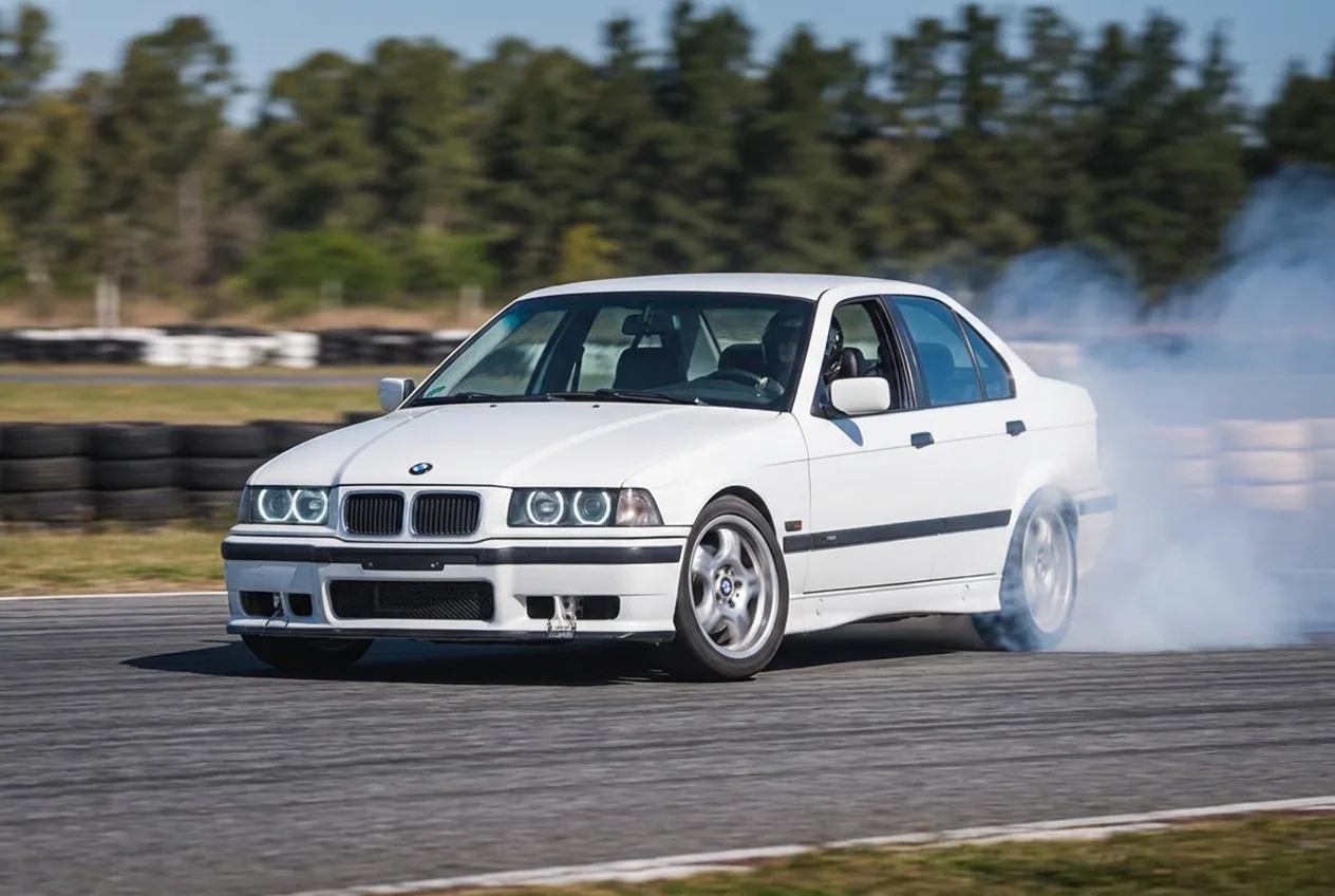 BMW E36 blanco con las ruedas delanteras giradas al contravolante manteniendo el angulo de derrape con humo