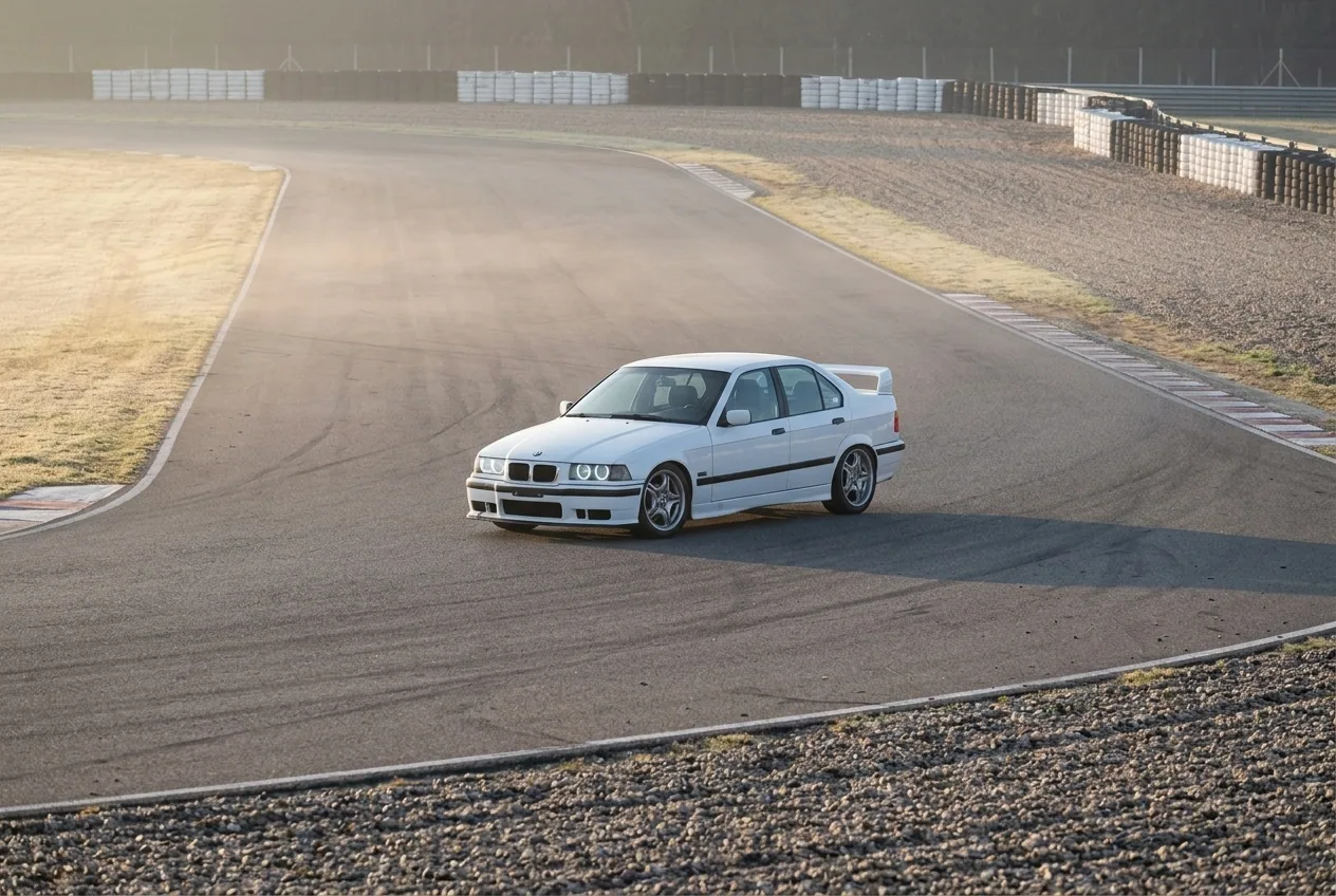 BMW E36 blanco solo en un circuito privado y cerrado con barreras de neumáticos, un espacio seguro para practicar