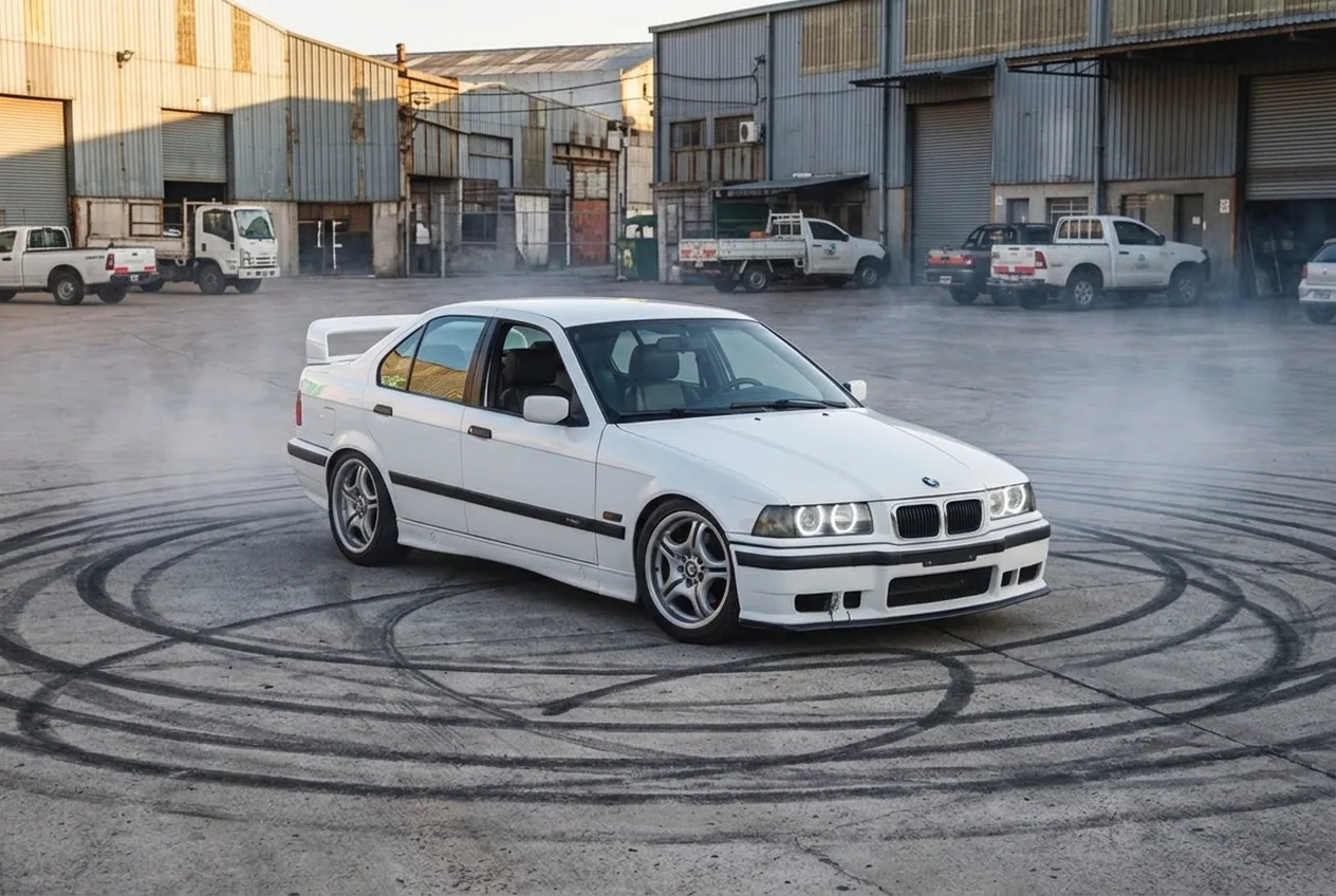 BMW E36 blanco estacionado en una explanada rodeado de marcas circulares de donut, listo para una sesión