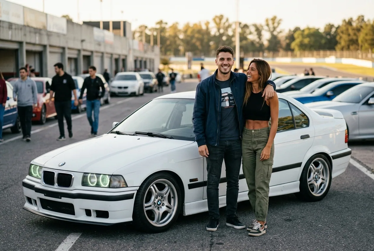 Pareja joven junto al BMW E36 blanco en el autodromo, la experiencia de drift que vas a regalar en Buenos Aires
