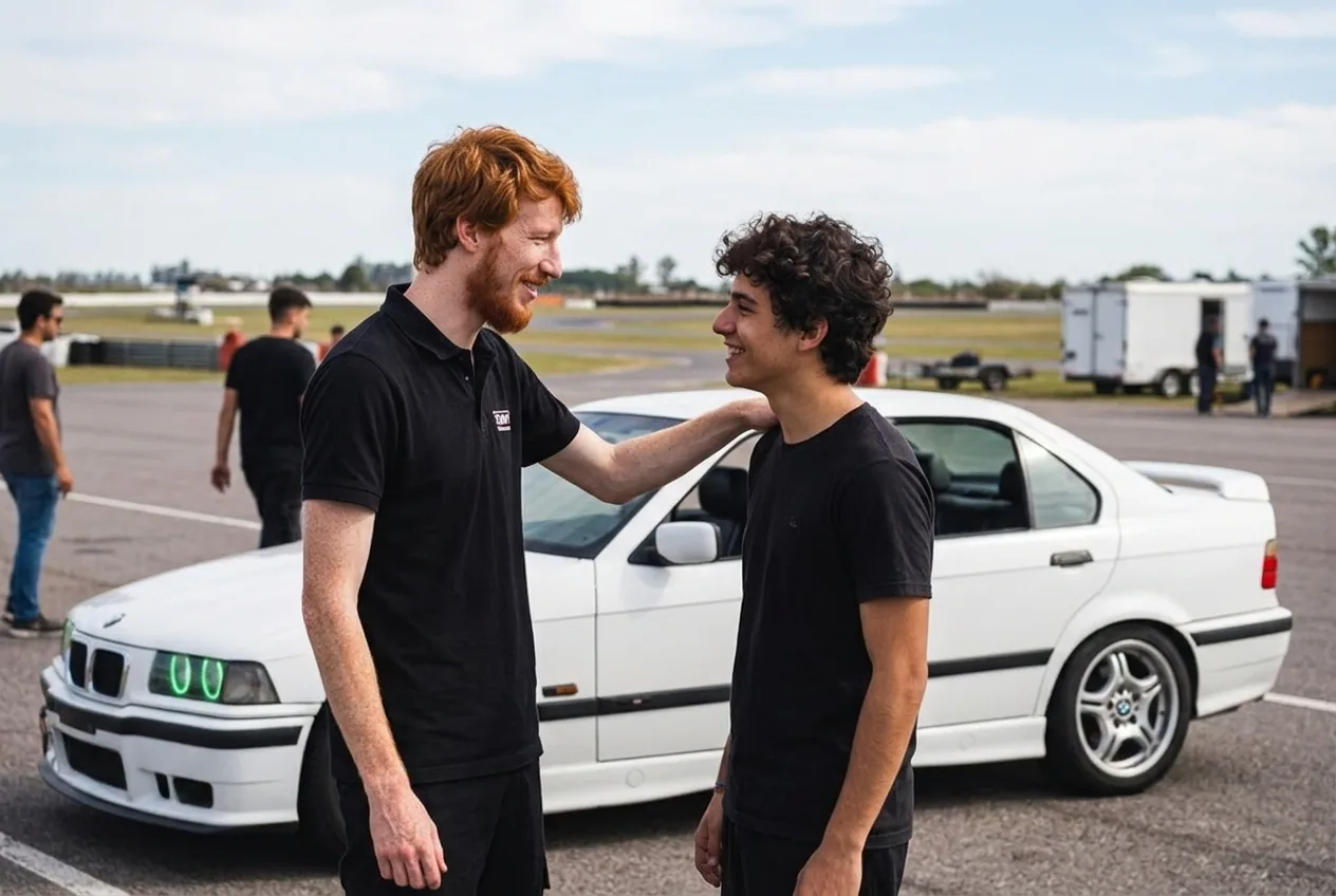 Instructor conversando con un alumno junto al BMW E36 blanco, soluciones humanas si algo cambia