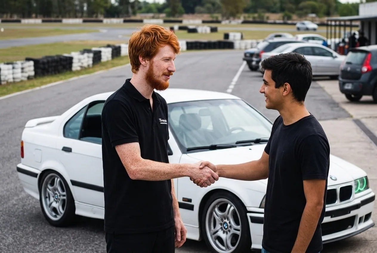 Instructor recibiendo a un alumno junto al BMW E36 blanco, una reserva real y personal en vez de un voucher generico