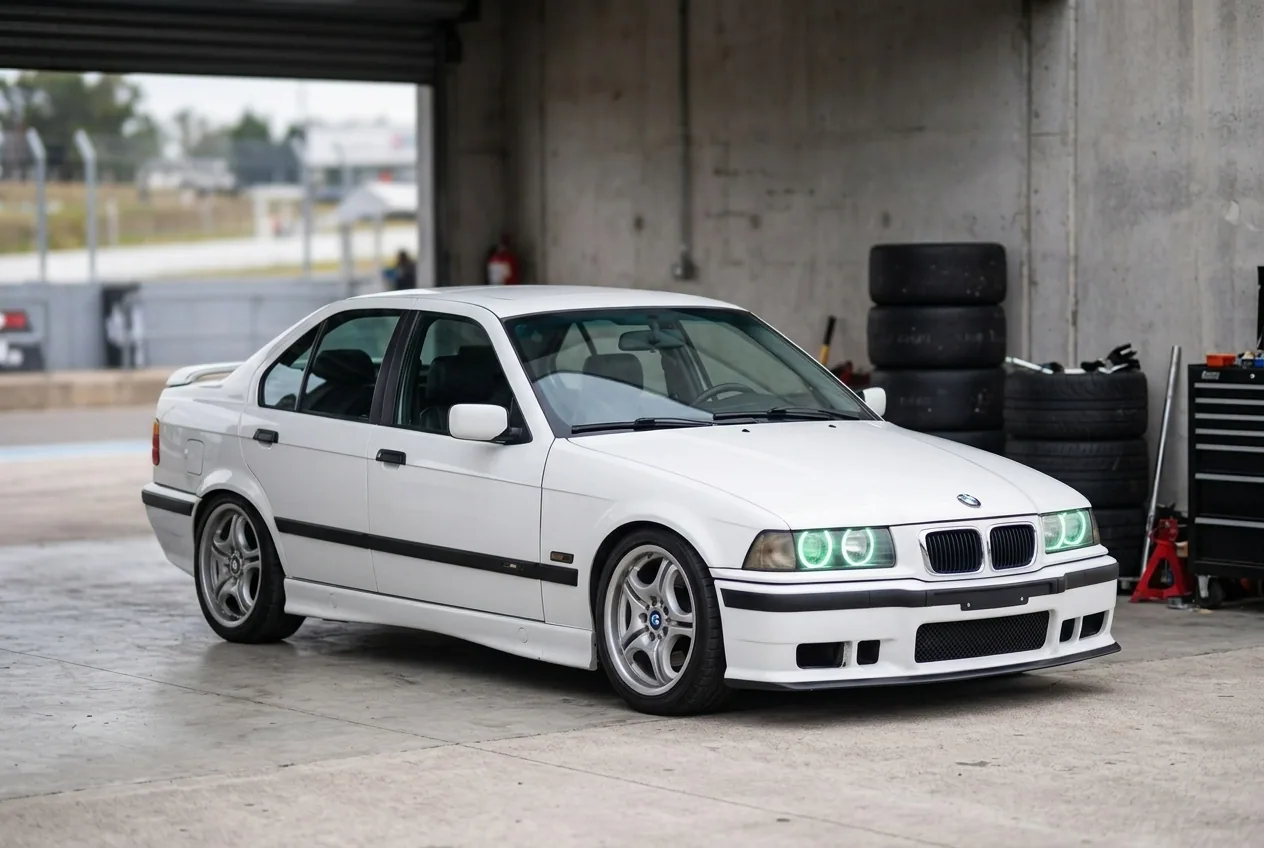 BMW E36 328i blanco preparado en boxes, el auto de las clases de drift que vas a regalar