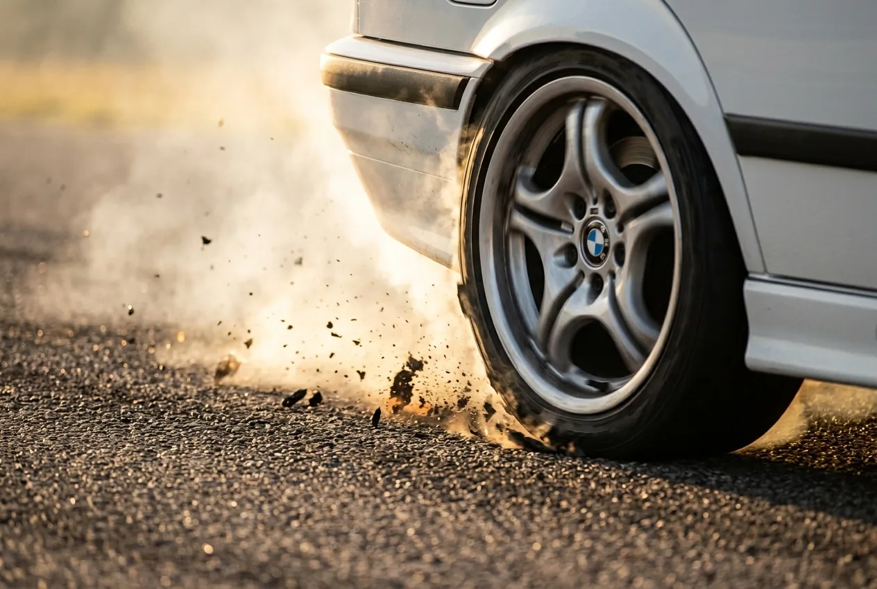 Primer plano de la rueda trasera del BMW E36 quemando goma con humo dorado, la experiencia de 60 minutos de manejo