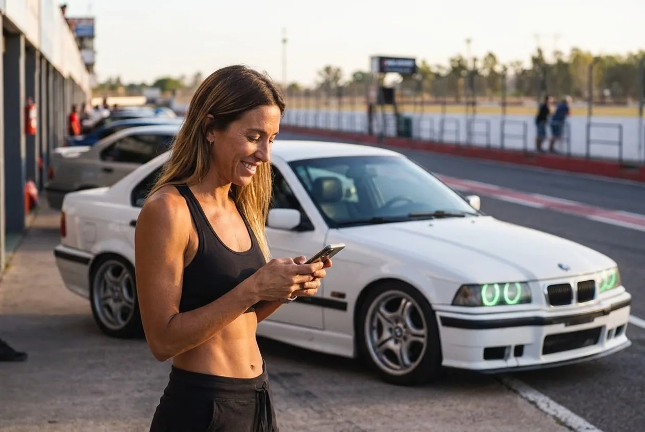 Persona reservando por WhatsApp la clase de drift de regalo, con el BMW E36 blanco de fondo en el autodromo