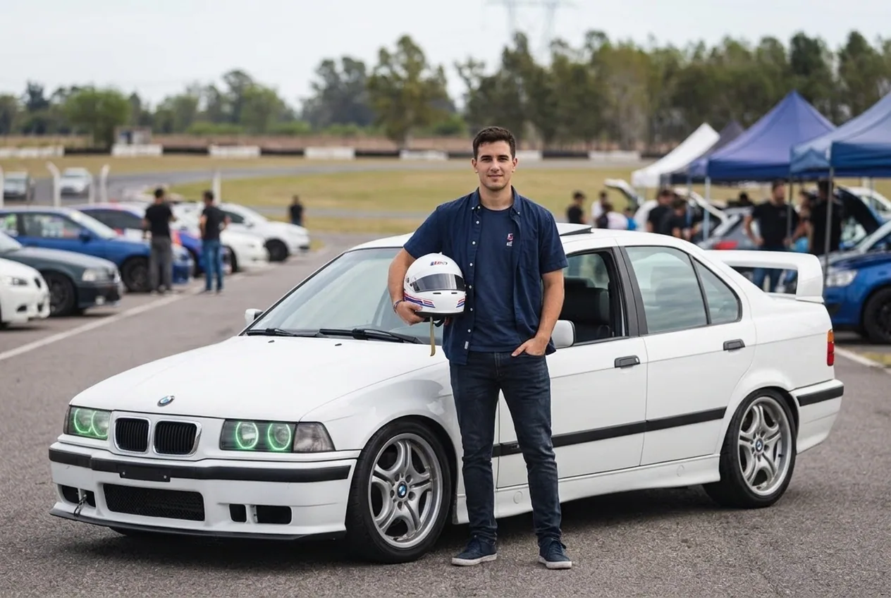 Alumno con casco en mano listo junto al BMW E36 blanco, coordina su fecha de clase cuando quiera
