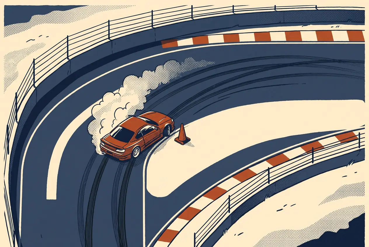 Vista cenital de un auto cruzado en una curva, con la trompa junto al cono del clipping point