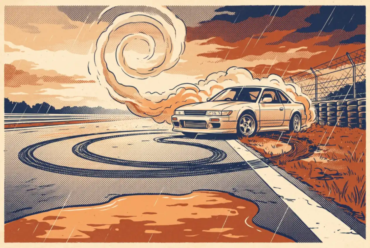 Auto de drift tras un trompo bajo la lluvia, con dos ruedas en el pasto fuera de la pista