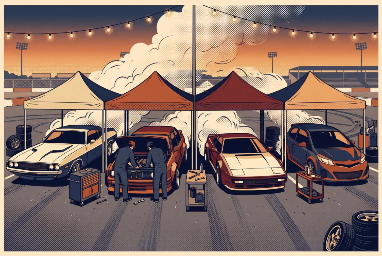 Boxes de un evento de drift al atardecer con cuatro autos distintos bajo carpas y mecánicos trabajando