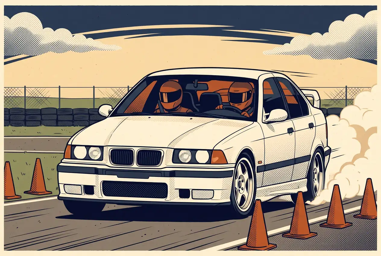 BMW E36 blanco de la escuela visto de frente, cruzado entre conos, con alumno e instructor a bordo