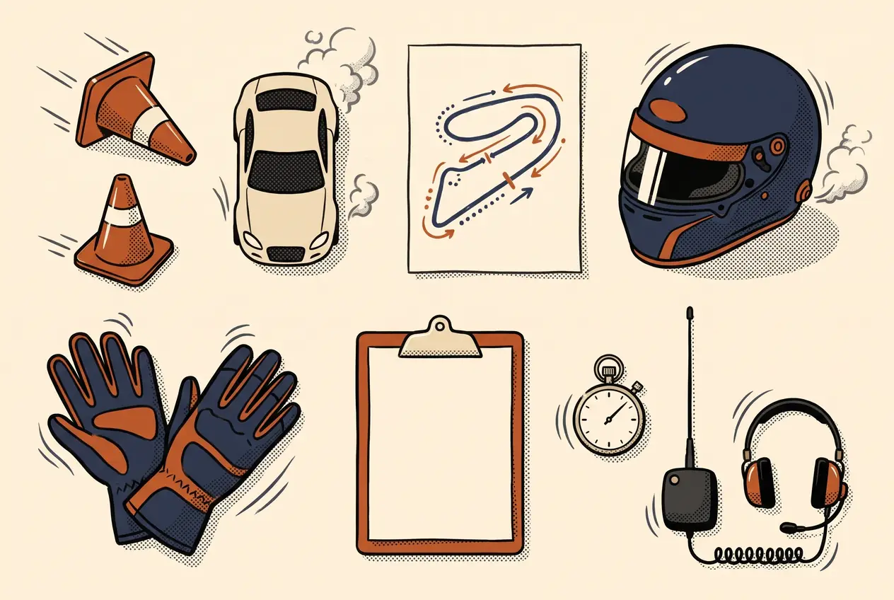 Objetos del glosario del drift sobre papel: conos, casco, guantes, cronómetro, plano del trazado y telemetría