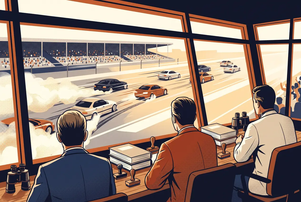 Tres comisarios de espaldas en la torre de control, con reglamentos y sellos, mirando autos de turismo en la recta