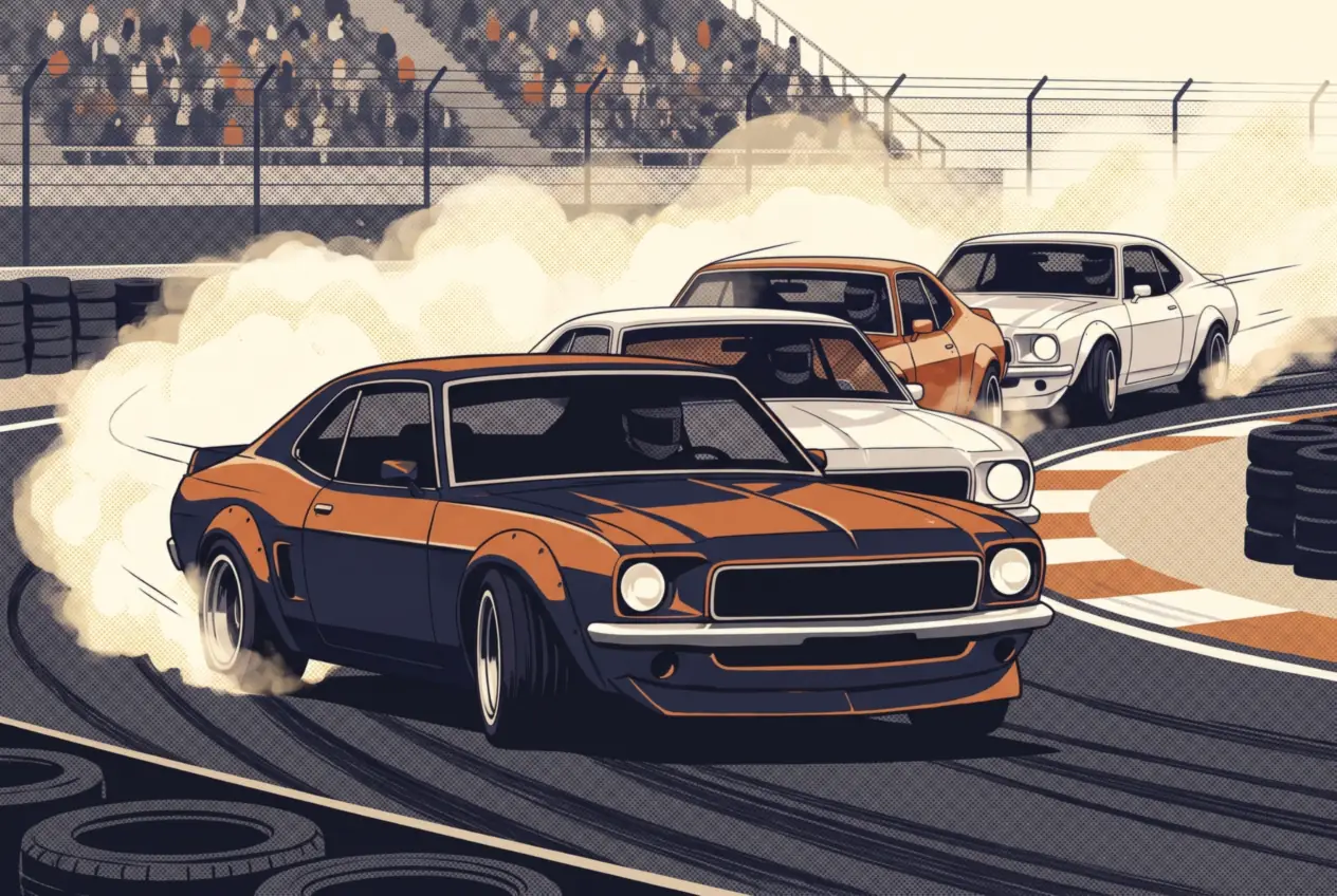Tres cupés al estilo del Turismo Carretera clásico en fila por una curva del autódromo, entre humo y cubiertas