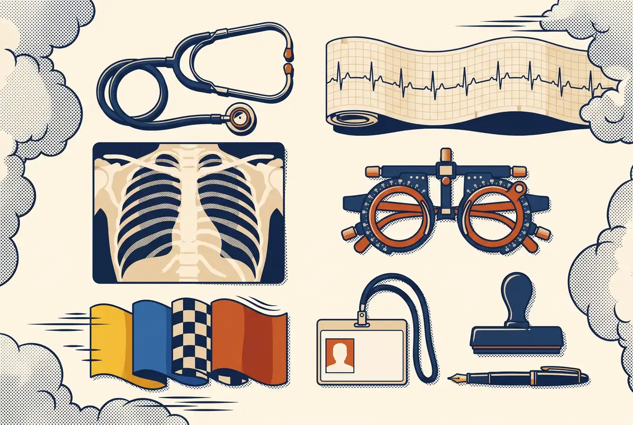 Estetoscopio, electrocardiograma, placa de tórax, montura para examen de vista, banderas, credencial en blanco y sello sobre papel