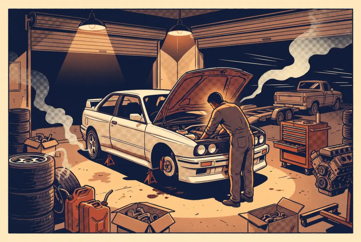 Taller de noche con un auto de carrera sobre caballetes, mecánico en el motor, cubiertas, bidones de nafta y repuestos