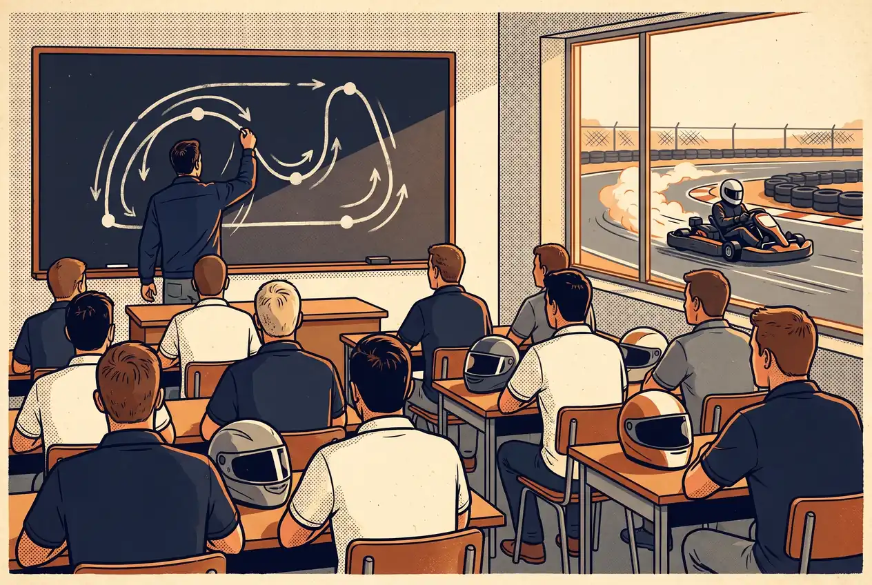 Clase teórica de una escuela de pilotos: alumnos de espaldas y el instructor dibujando la trazada en el pizarrón
