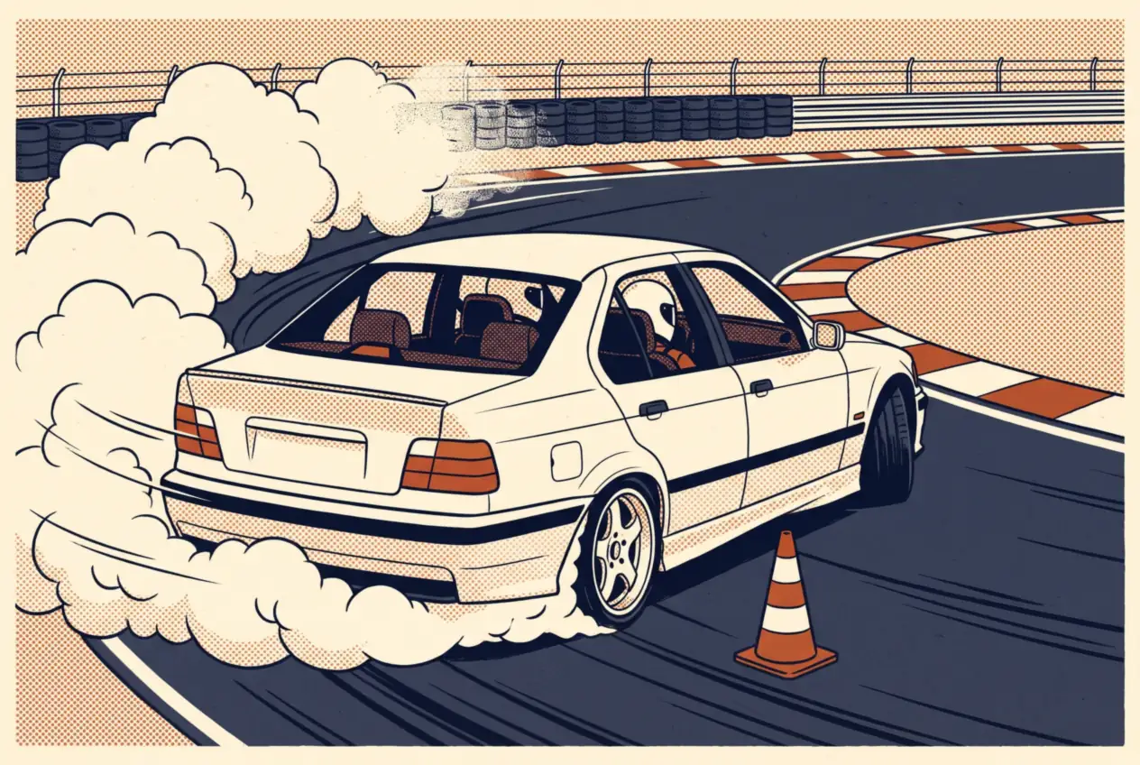 BMW E36 blanco de la escuela visto desde atrás, derrapando alrededor de un cono en una pista cerrada con humo
