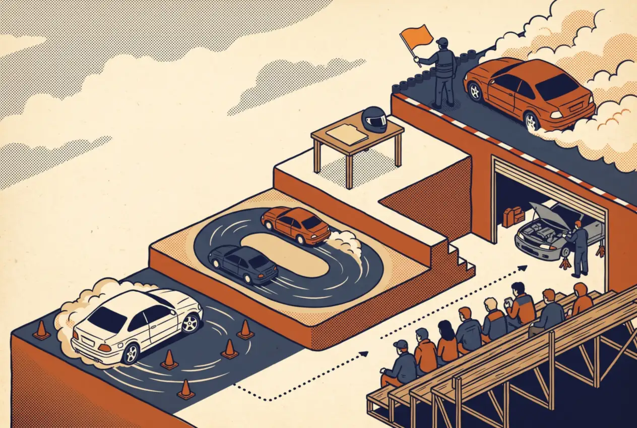 Diorama ilustrado del camino: clase entre conos, práctica, tribuna, taller, papeles y una fecha de drift con bandera
