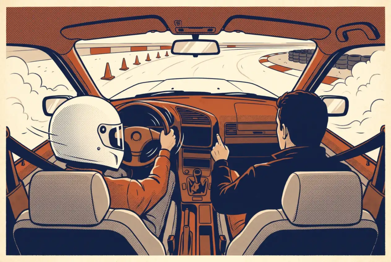 Desde el asiento trasero: alumno con casco integral al volante y el instructor señalando los conos en pista cerrada