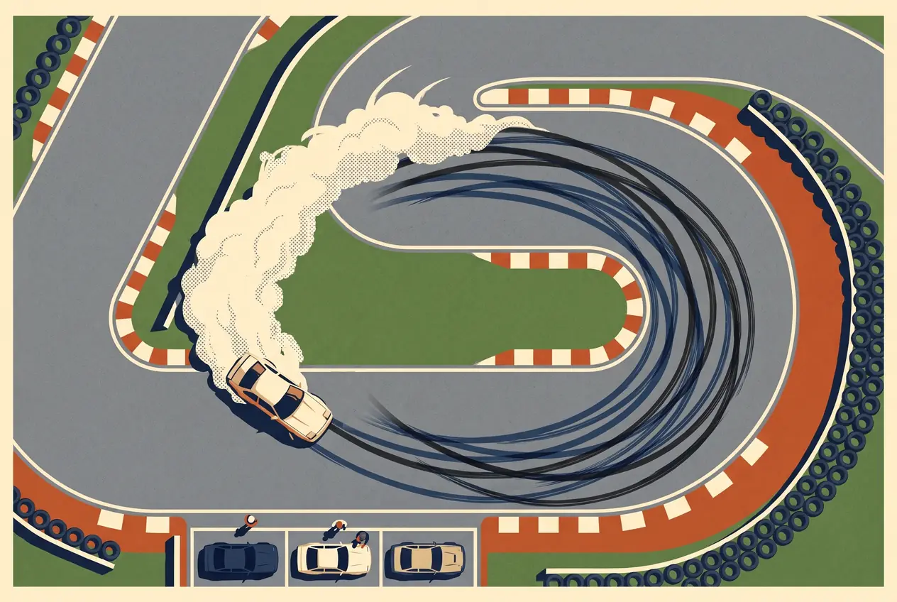 Vista aérea de un track day: un auto derrapa en la horquilla y deja marcas que repiten la misma línea