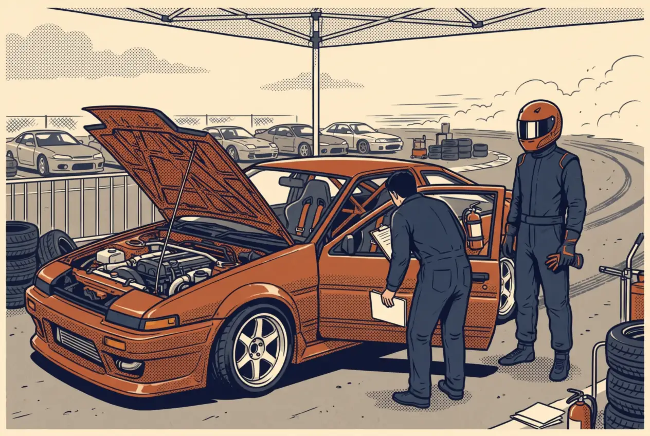 Revisión técnica en el paddock: un comisario técnico controla el matafuego de un auto de drift mientras el piloto espera