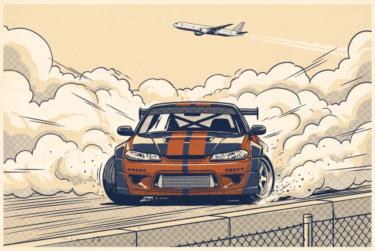 Auto de drift profesional sale de frente entre una nube de humo mientras un avión cruza el cielo