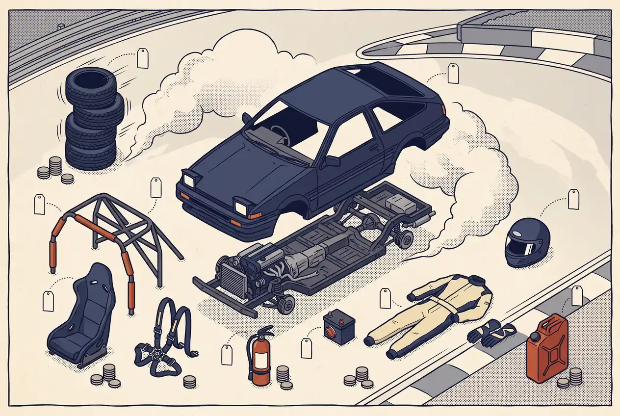 Despiece de un auto de drift con jaula, butaca, arnés, cubiertas, casco y traje, cada pieza con etiqueta de precio