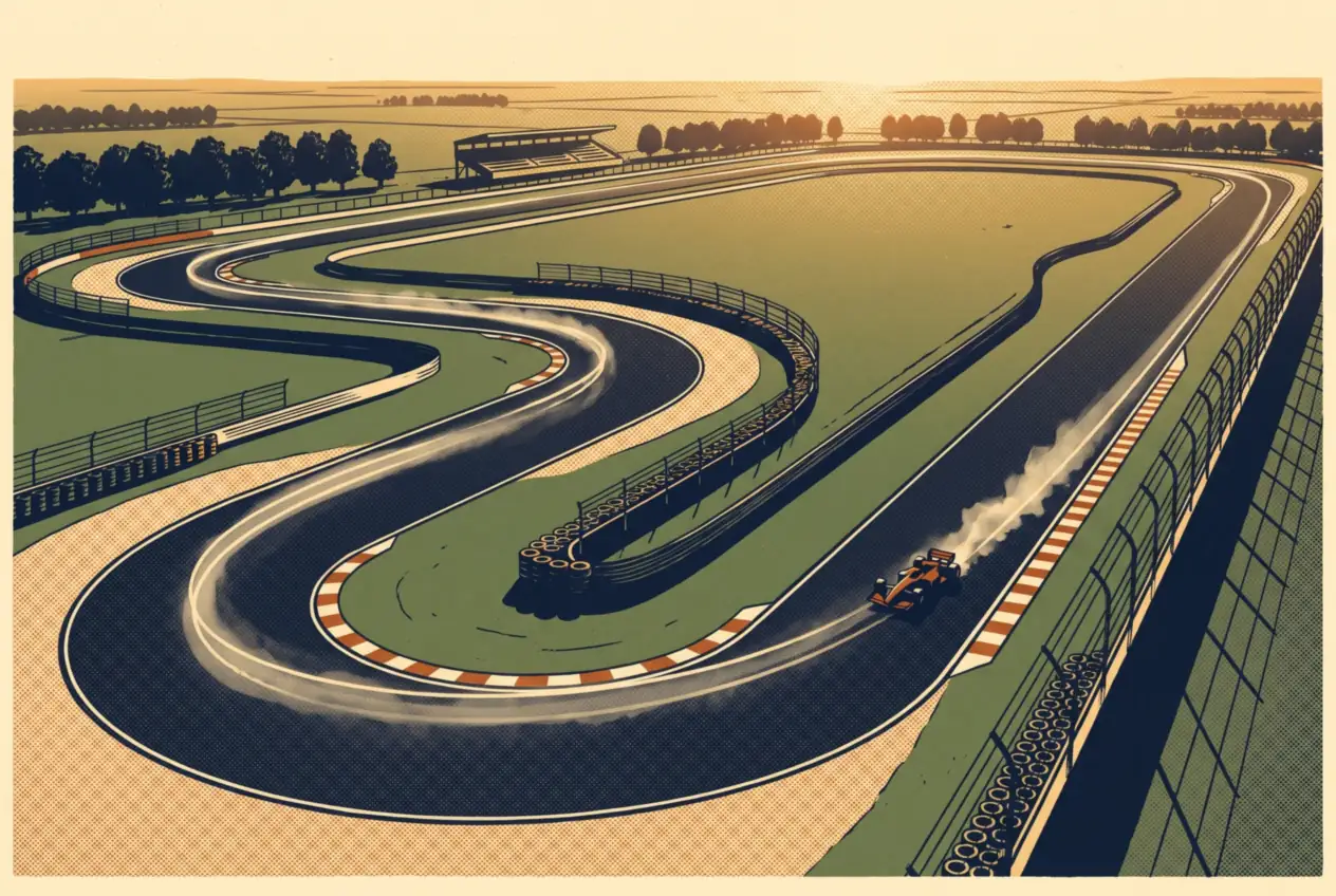 Circuito con curvas encadenadas al atardecer y una estela clara que dibuja la trazada afuera, adentro, afuera