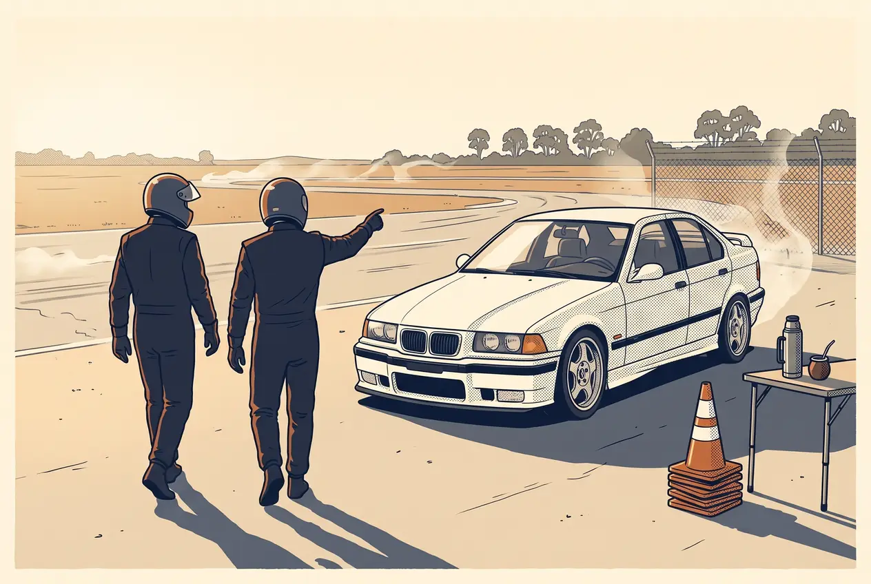 Instructor y alumno con casco, de espaldas junto al BMW E36 blanco, mirando la pista cerrada desde el paddock