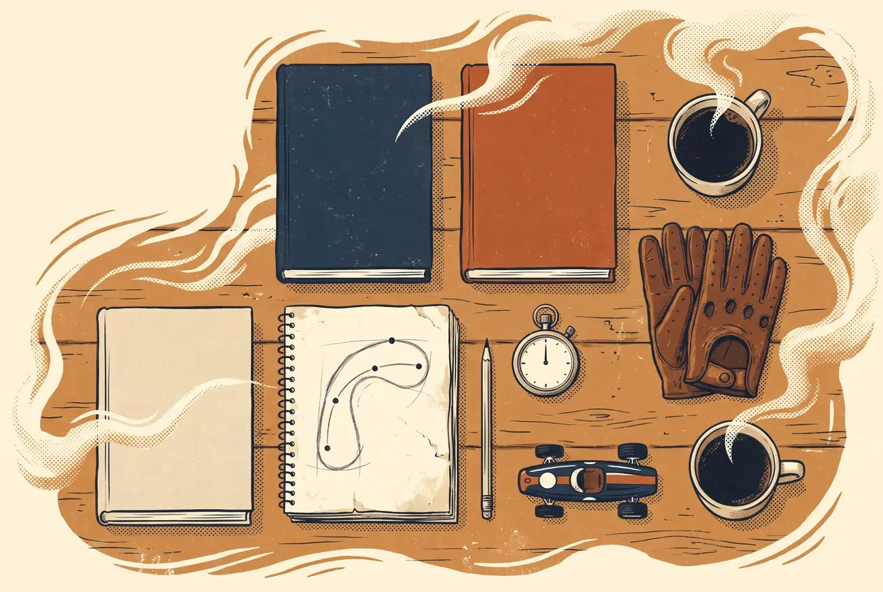 Libros de tapa dura, cuaderno con una trazada dibujada, cronómetro y guantes de manejo sobre una mesa de madera