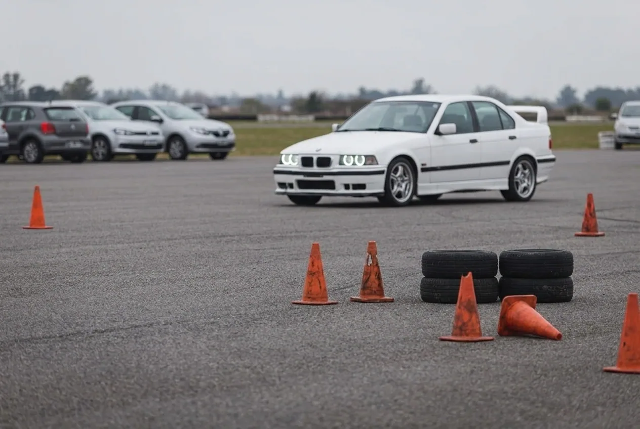 Box de autodromo con BMW E36 blanco al fondo y conos, ambiente de pista cerrada para drift en Buenos Aires