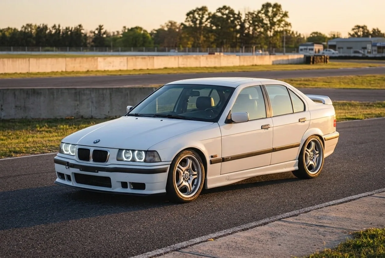 BMW E36 blanco de tres cuartos en el autodromo, faros angel eyes y paragolpes M, auto real de drift en Buenos Aires