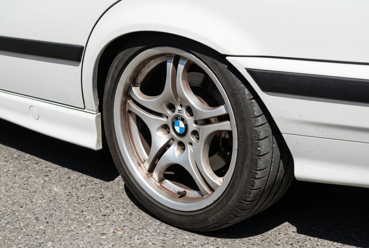 Primer plano de llanta multirradios y neumatico gastado del BMW E36, autenticidad mecanica del drift real