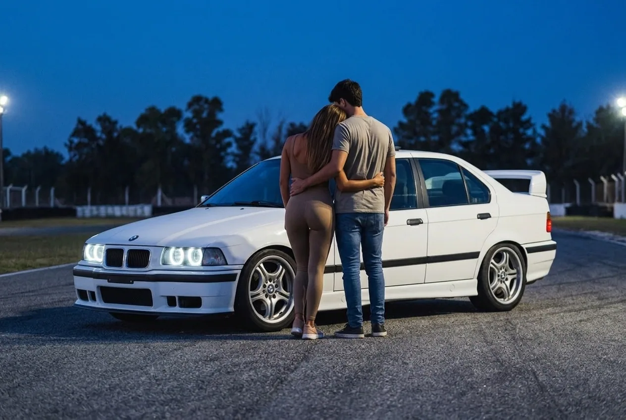 Pareja joven junto al BMW E36 blanco al atardecer, eligiendo el drift como regalo experiencia en Buenos Aires