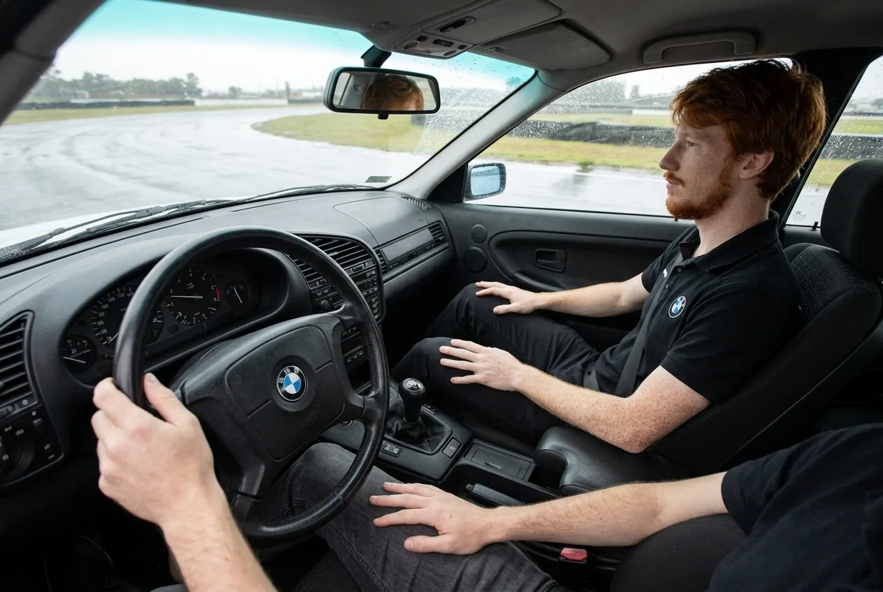Vista del conductor con manos al volante y palanca del BMW E36, instructor pelirrojo copiloto en clase de drift