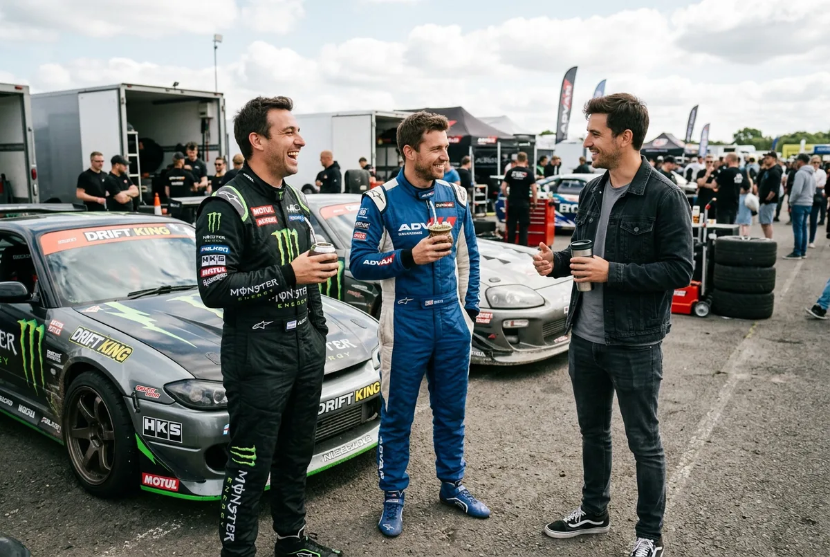 Pilotos y espectadores conversando en el paddock de un autodromo argentino durante una jornada de drift