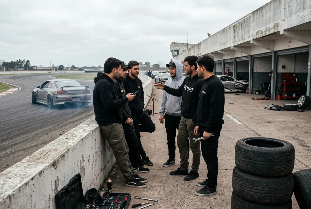 Grupo de entusiastas del drift junto a los boxes de un autodromo cerrado en Argentina