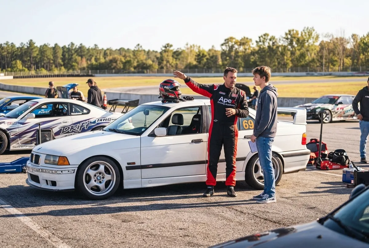 Instructor y alumno conversando junto al BMW E36 blanco preparado para drift en el paddock