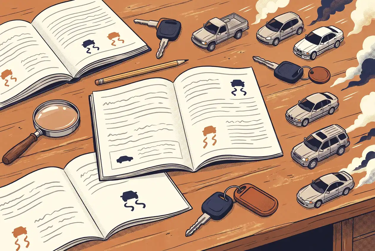 Manuales del propietario abiertos, llaves de auto y autitos de juguete de distintos tipos sobre una mesa de madera