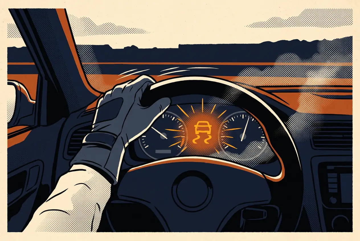 Testigo naranja del control de estabilidad parpadeando en el tablero, visto desde atrás del volante