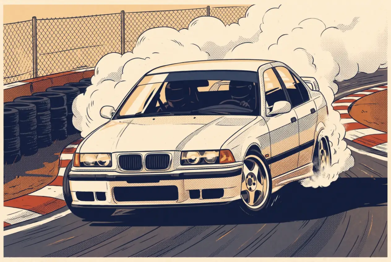 BMW E36 blanco derrapando de frente con contravolante en una curva de circuito cerrado, entre pianos y humo