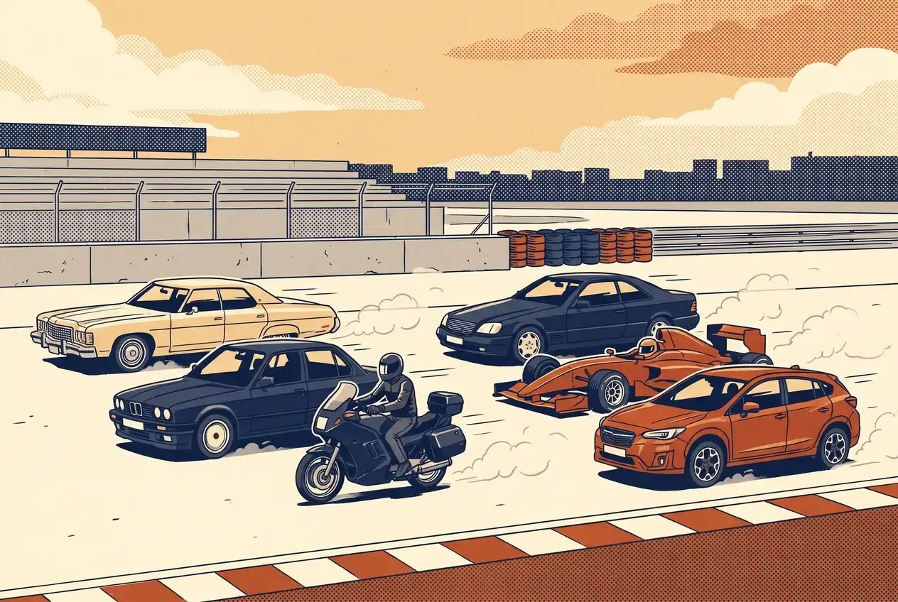 Vehículos de distintas épocas sobre una pista, desde un sedán de los setenta y una moto de turismo con piloto hasta un Fórmula 1 y un SUV actual