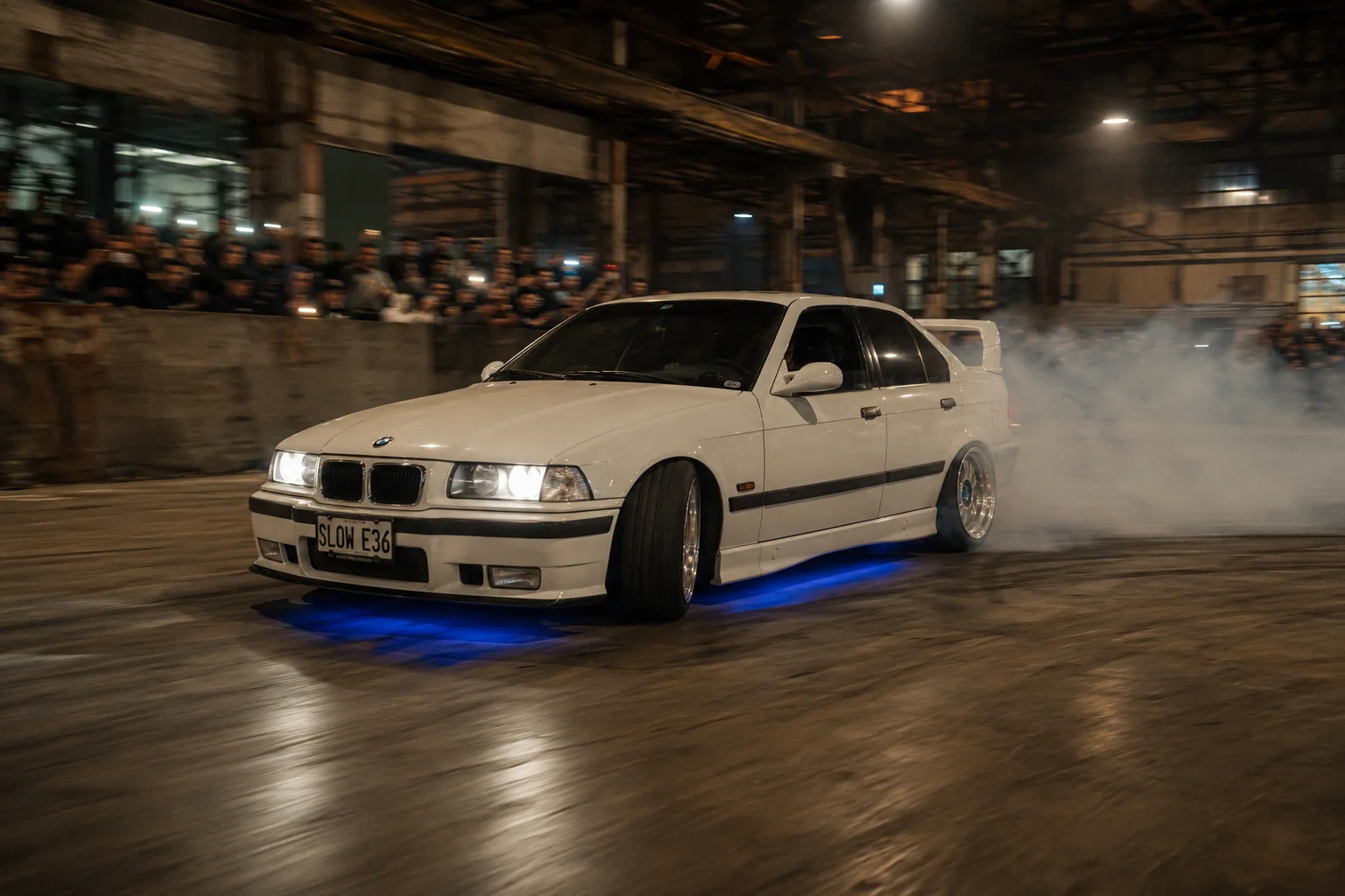 BMW E36 derrapando en evento corporativo con publico empresarial — drift como regalo de adrenalina para equipos en Buenos Aires