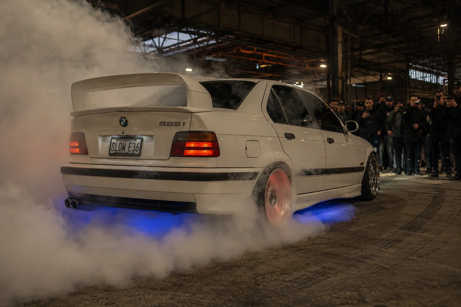 BMW E36 vista trasera con underglow azul en venue corporativo — evento de drift como agasajo de empresa