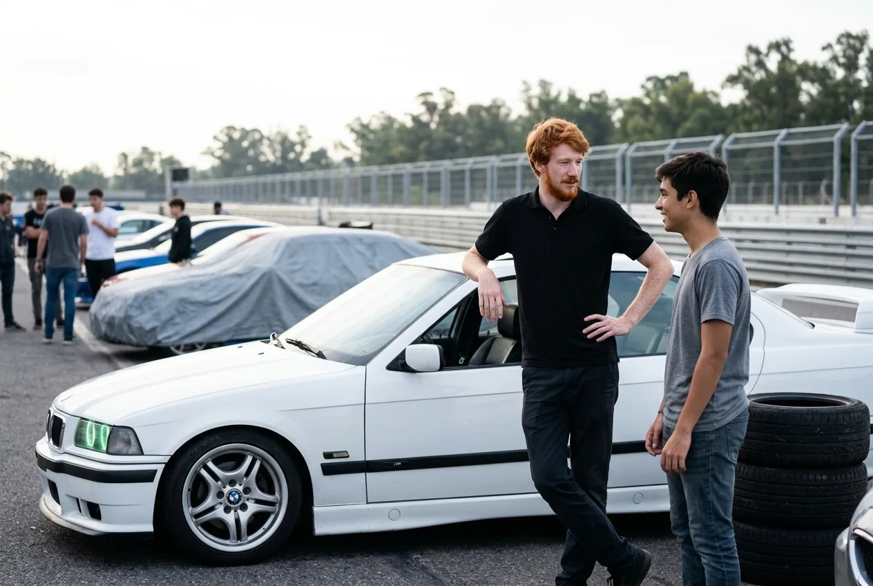 Instructor and student chatting next to the white BMW E36 in the paddock before the first class