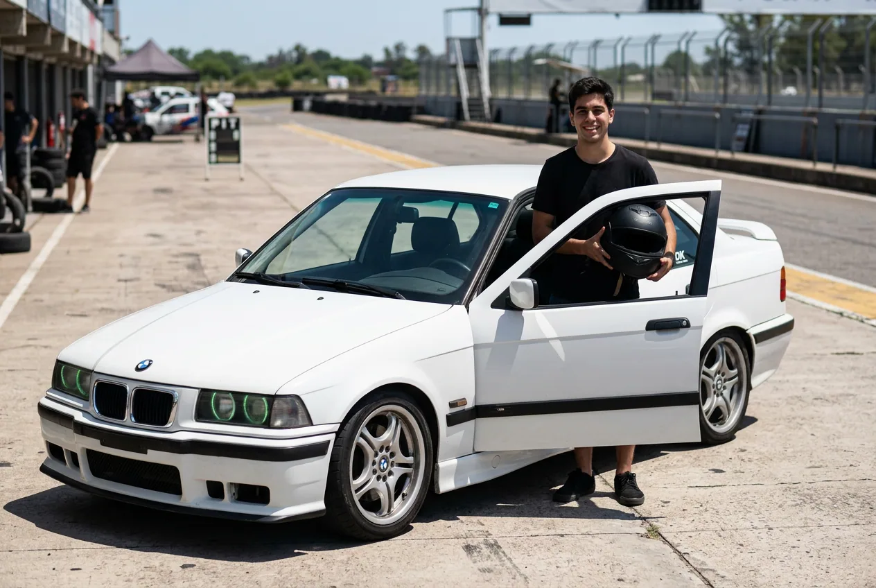 Student inside the BMW E36 cockpit wearing a helmet, hands on the wheel, first contact with the car on track