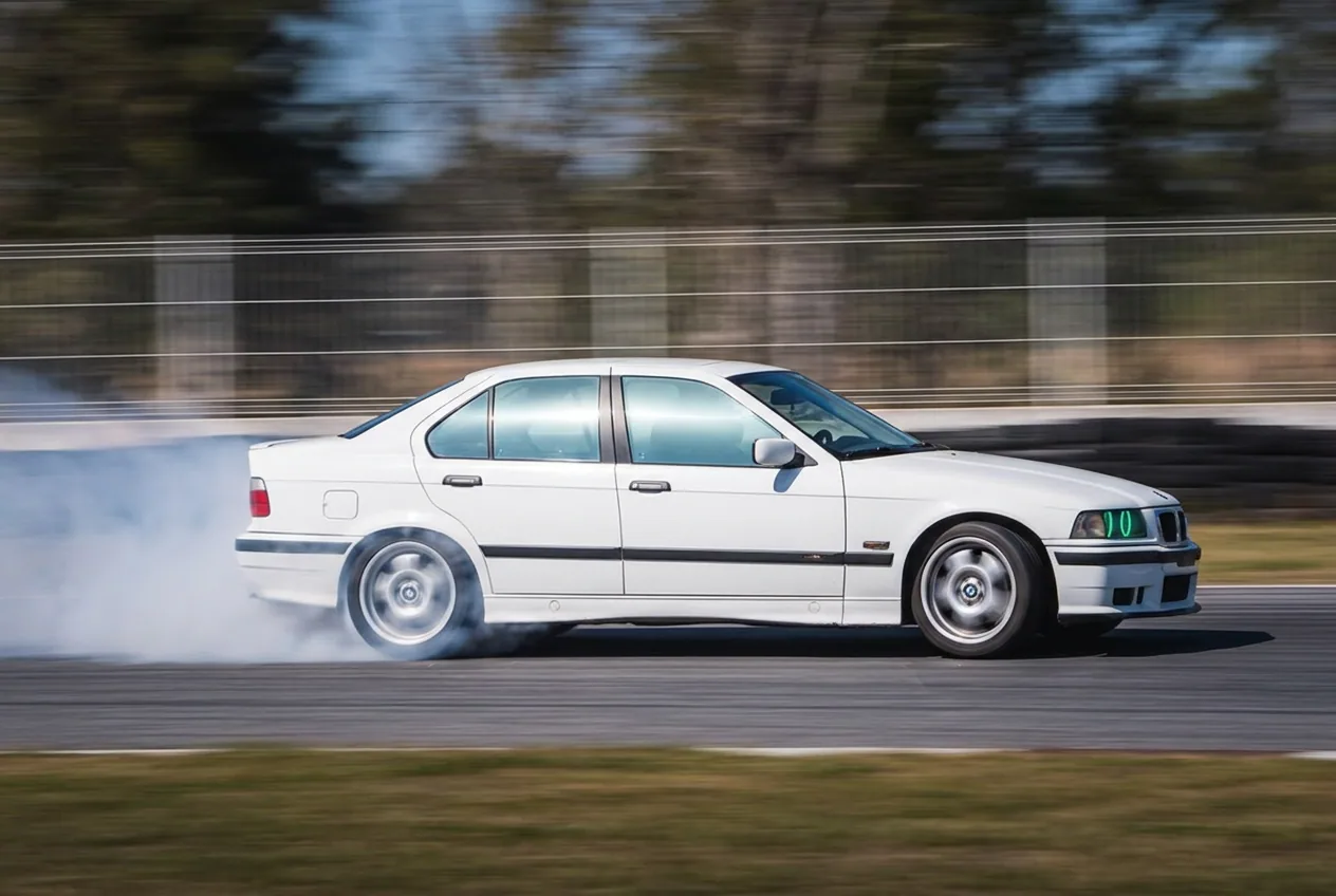 White BMW E36 holding a steady drift through a corner with light tyre smoke